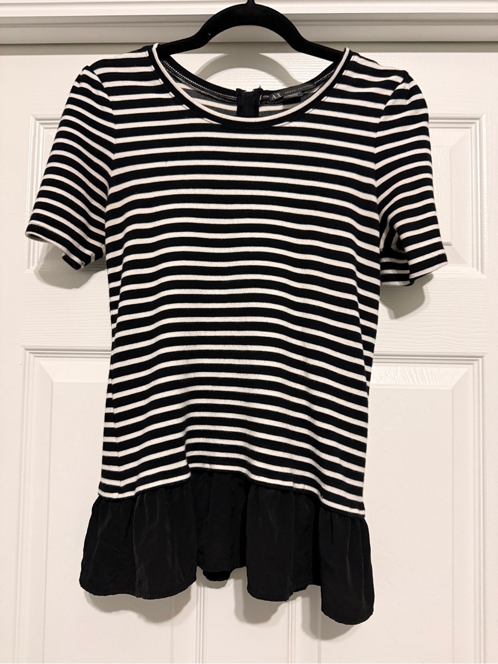 Armani Exchange Black and White Striped Short-Sleeve Peplum Top